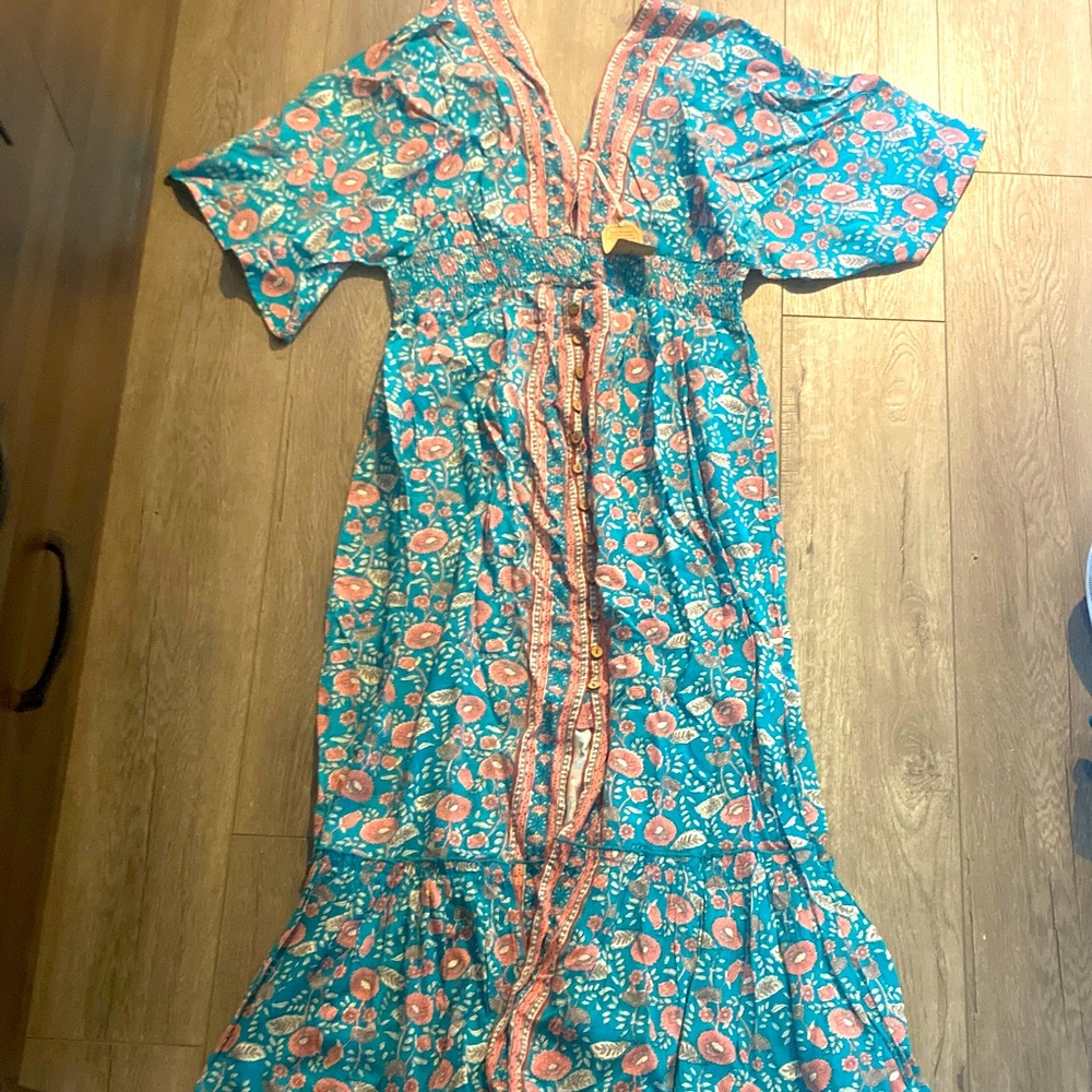 NATURAL LIFE Celia Teal and Coral Maxi Dress Floral lines - Picture 2 of 5